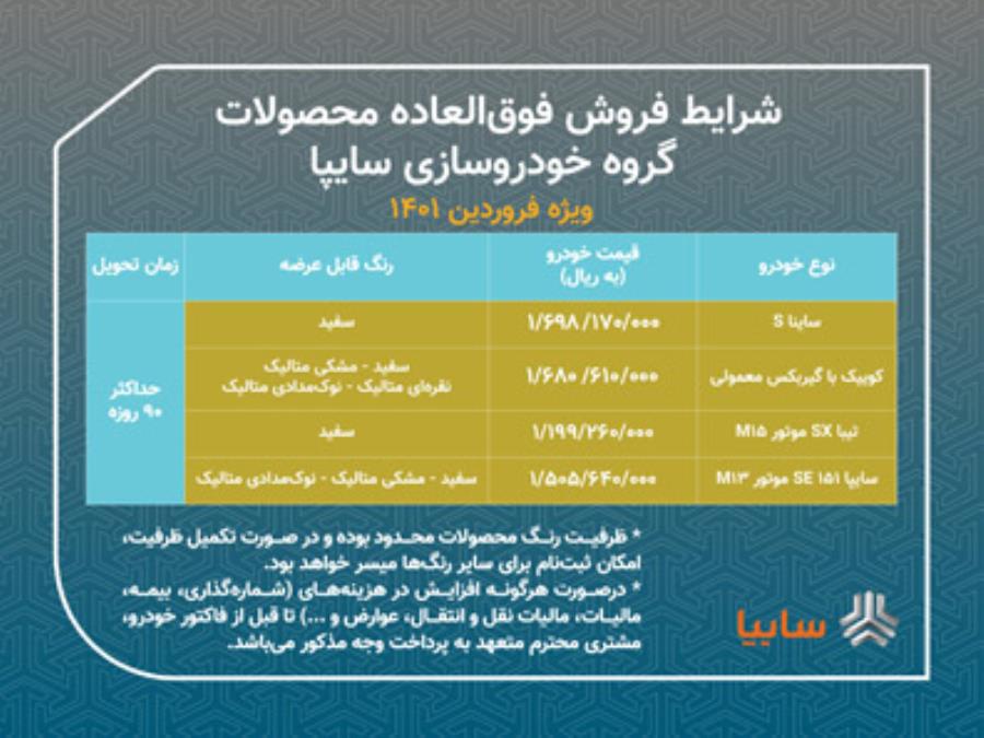 اعلام شرایط فروش فوق العاده 4 محصول سایپا

